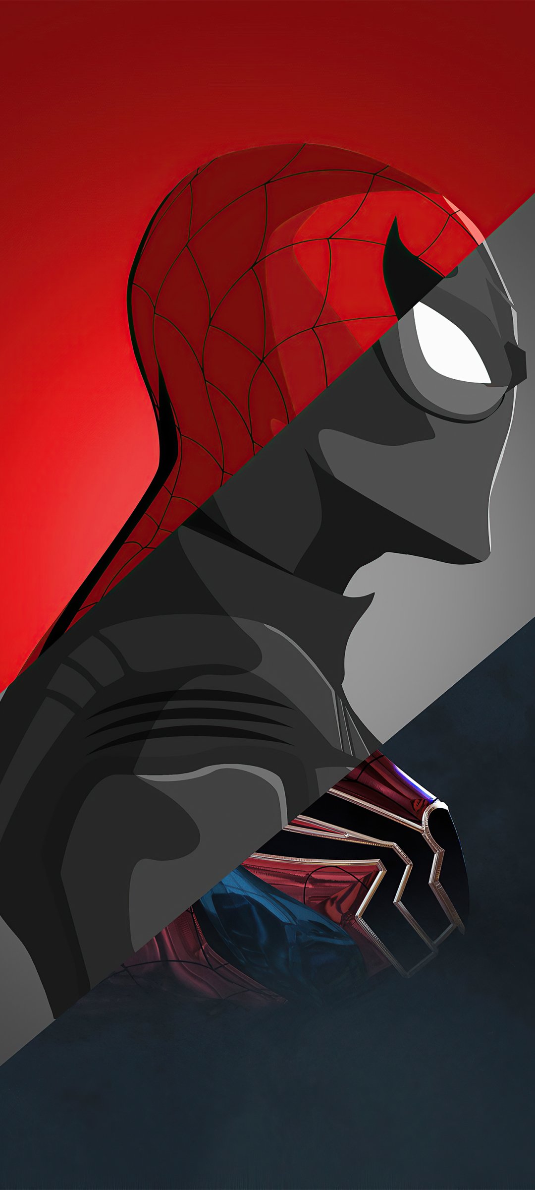 Comic Spider-Man phone wallpaper split diagonally: classic red webbed mask above and darker stealth suit below.