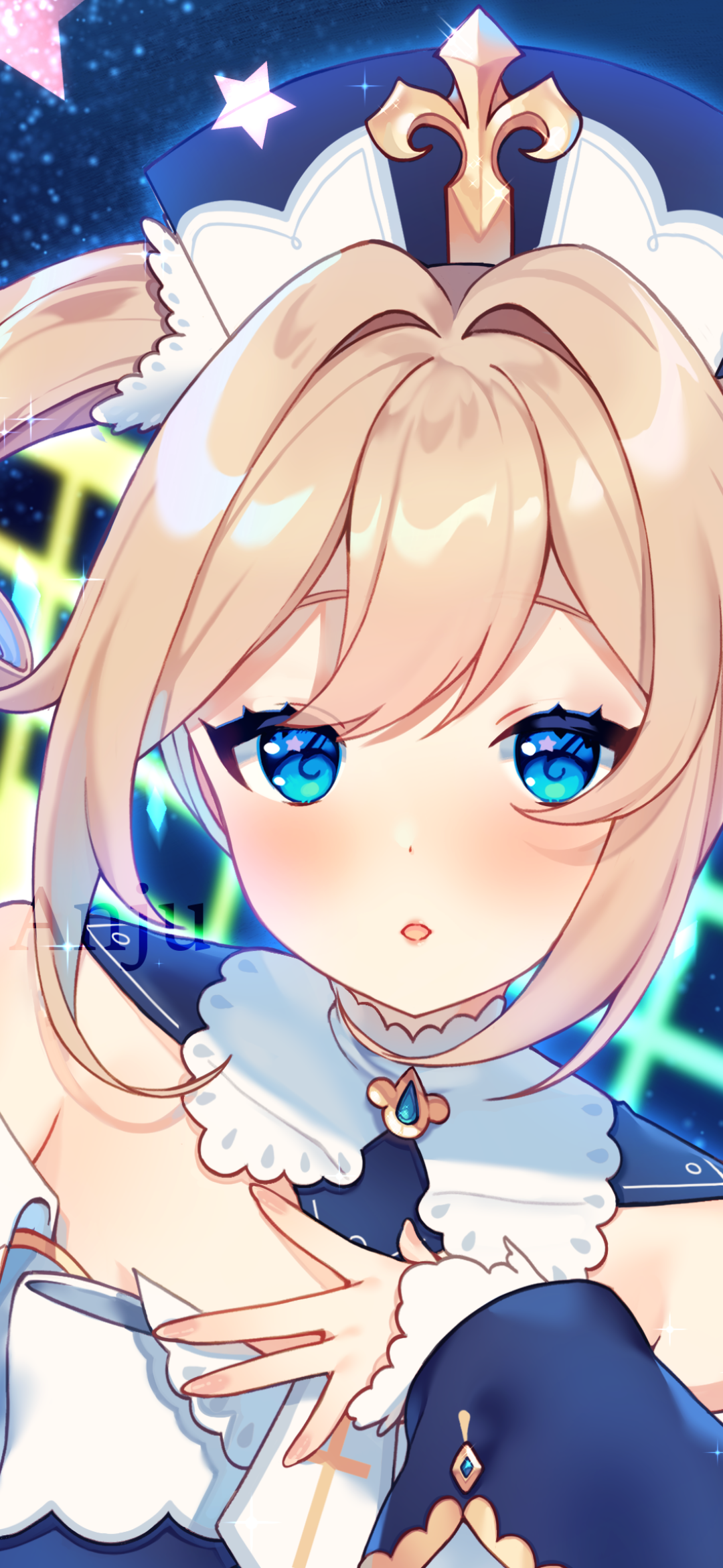 Phone wallpaper of Barbara from the video game Genshin Impact: close-up portrait in her idol outfit, bright blue eyes and a glowing starry neon background.