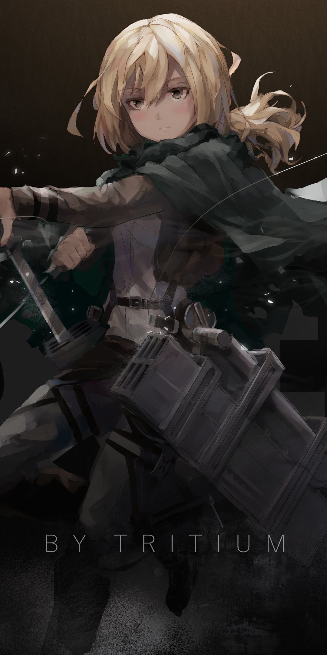 Phone wallpaper of Historia Reiss from Attack on Titan — anime-style portrait of her cloaked and ready with ODM gear, determined gaze against a moody, smoky backdrop.