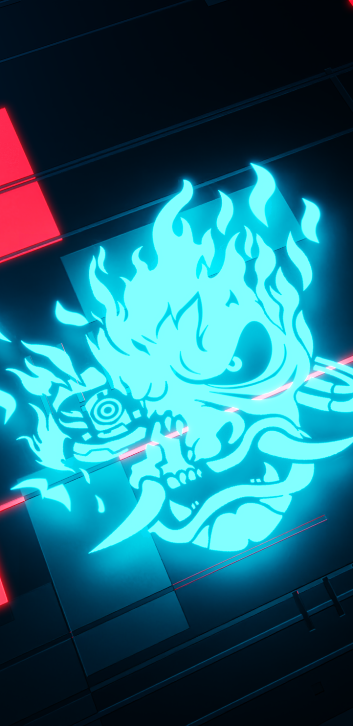 Cyberpunk 2077 phone wallpaper showing a neon cyan flaming oni skull with cybernetic details and red highlights on a dark futuristic grid