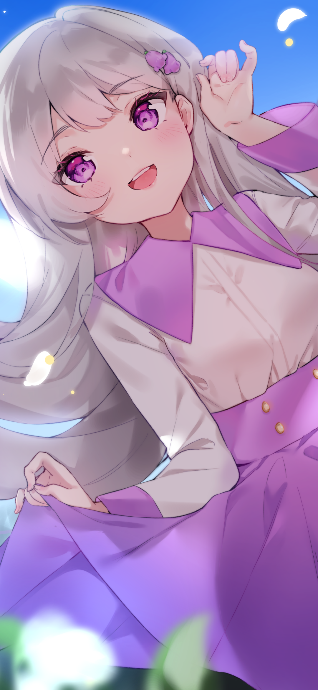 Anime girl with long white hair and vibrant purple eyes, smiling against a bright blue sky, styled in a purple and white outfit, designed as a phone wallpaper for iPhones and Android.
