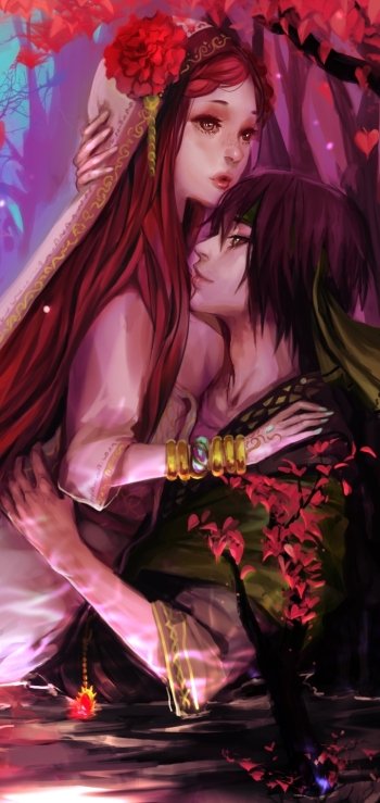 red hair long hair hug couple Romantic Anime love anime couple Phone Wallpaper