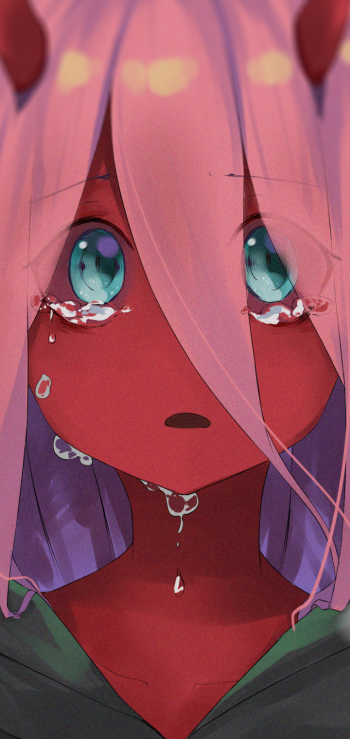 Close-up phone wallpaper of Zero Two (Darling in the FranXX): pink-haired anime girl with small horns and glistening turquoise eyes, tears streaming down her red-tinted face.