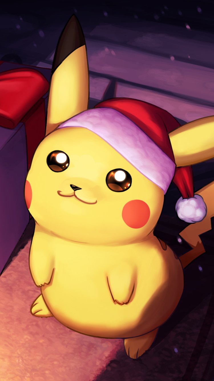 Anime-style Pikachu wearing a Santa hat with a warm, festive Christmas glow, designed as a vibrant phone wallpaper for iPhone and Android devices.