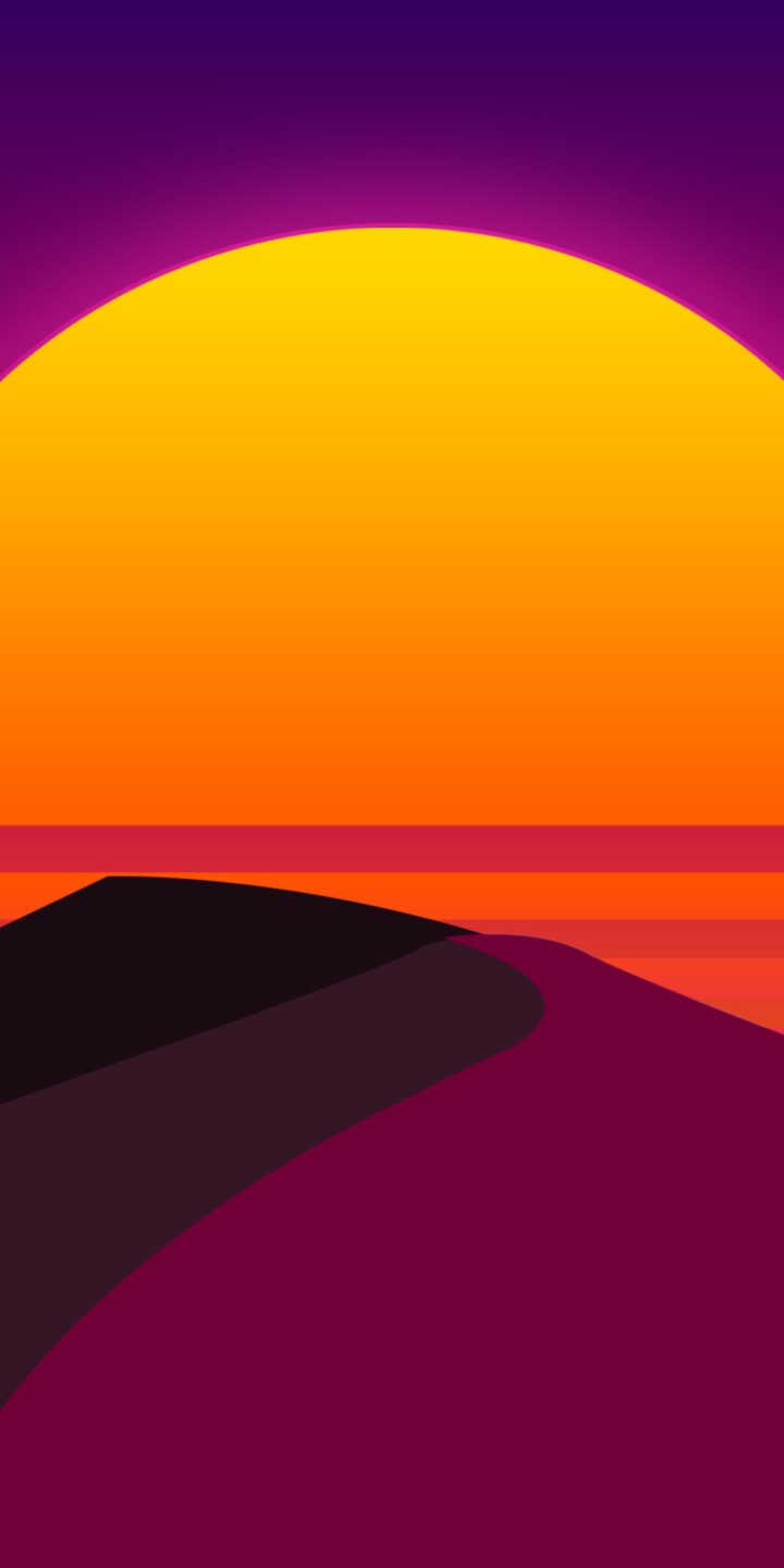 Minimalist artistic phone wallpaper featuring a large, vibrant orange sun setting behind dark hills against a gradient purple sky, designed for both iPhone and Android displays.