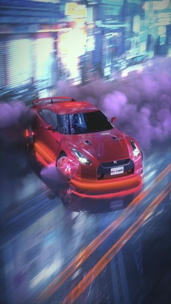 Drifting night rain road vehicle Nissan GT-R Phone Wallpaper