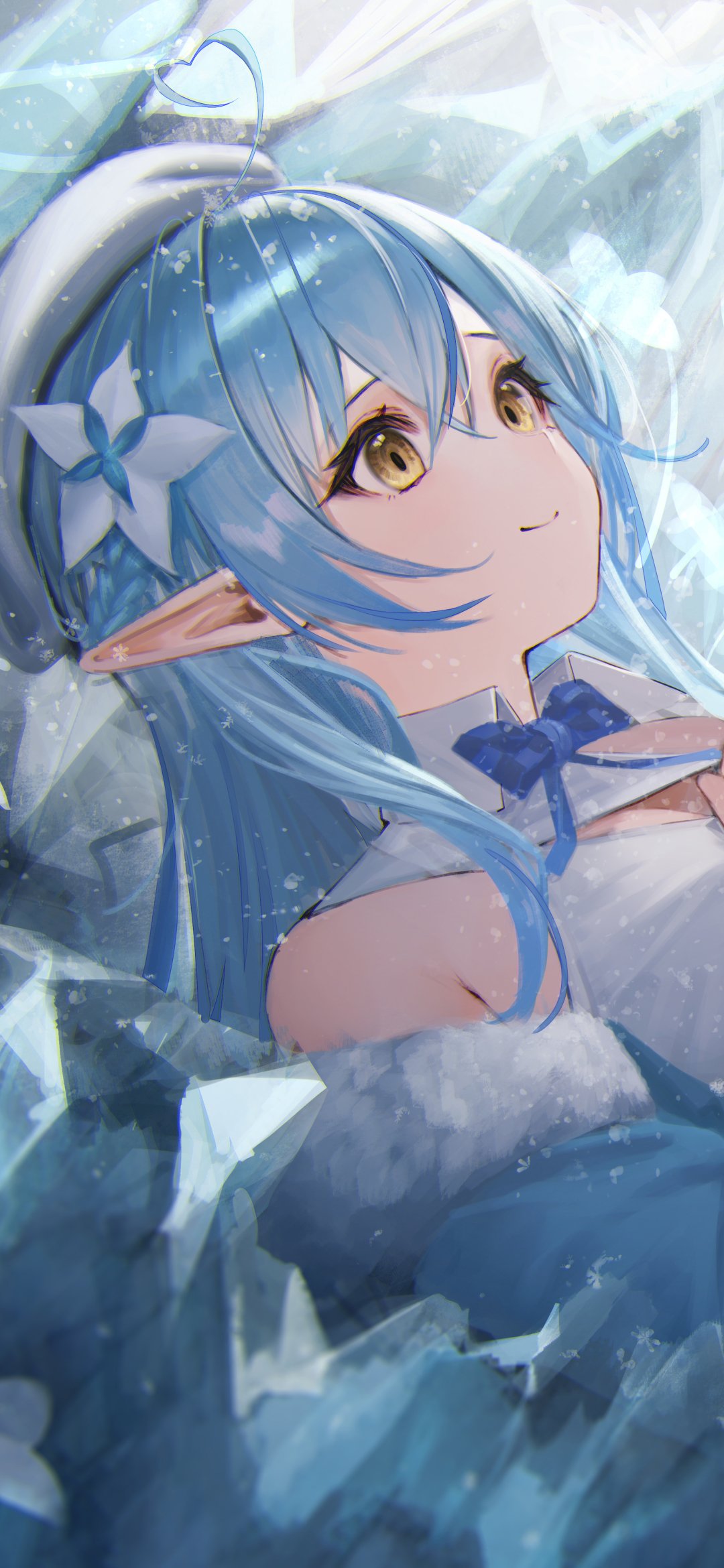 Phone wallpaper of hololive VTuber Yukihana Lamy — anime portrait with aqua hair, yellow eyes and pointed ears, smiling amid sparkling ice crystals.