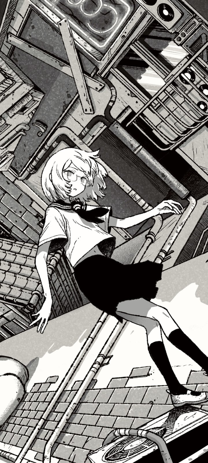 Anime girl with short hair in a school uniform and skirt stands confidently in a detailed urban setting, designed as a vertical phone wallpaper for iPhone and Android.