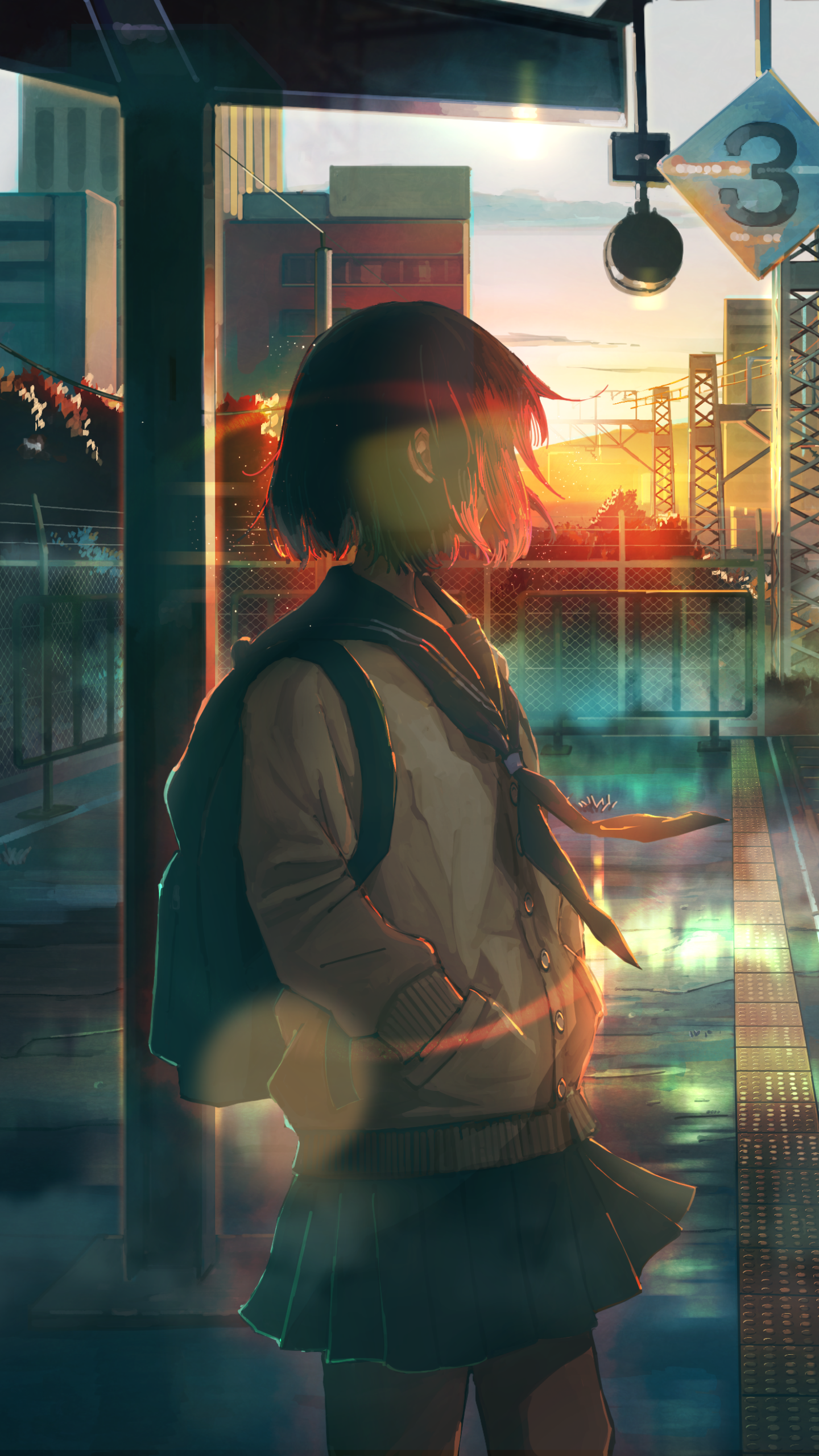 Anime girl with short hair in uniform stands at a train station during a vibrant sunset, captured in a stylized wallpaper for iPhone and Android phones.