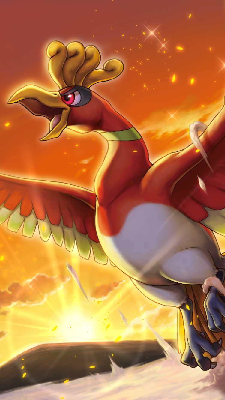 Vibrant phone wallpaper featuring Ho-oh from Pokémon, soaring against a fiery orange sky filled with glowing embers, designed for both iPhone and Android devices.