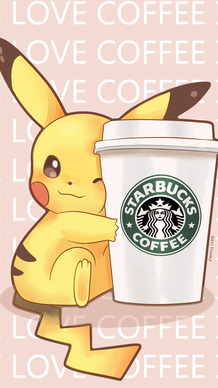 Phone wallpaper: cute anime-style Pokémon Pikachu hugging a Starbucks coffee cup against a pastel background repeating LOVE COFFEE.