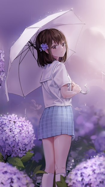 purple flower purple eyes brown hair umbrella hydrangea Anime girl anime girl Phone Wallpaper