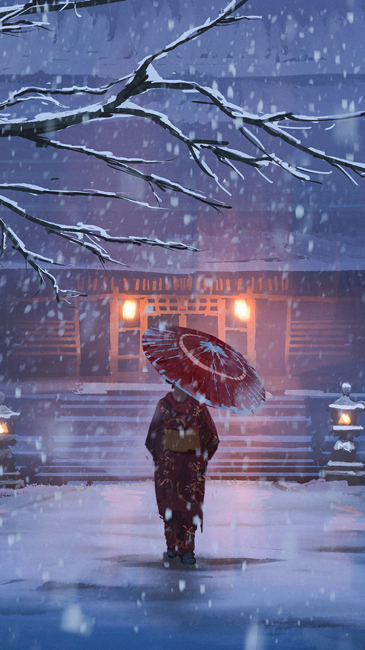 Visting a Japanese Temple on a Cold, Snowy Evening by Surendra Rajawat