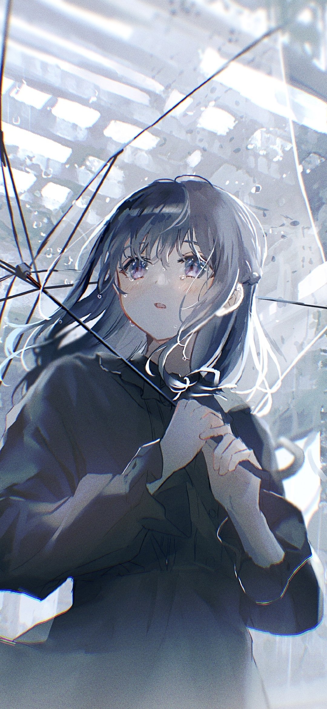 Anime-style girl with dark hair holding a transparent umbrella under a rainy, cityscape background, designed as a vertical phone wallpaper for iPhone and Android devices.