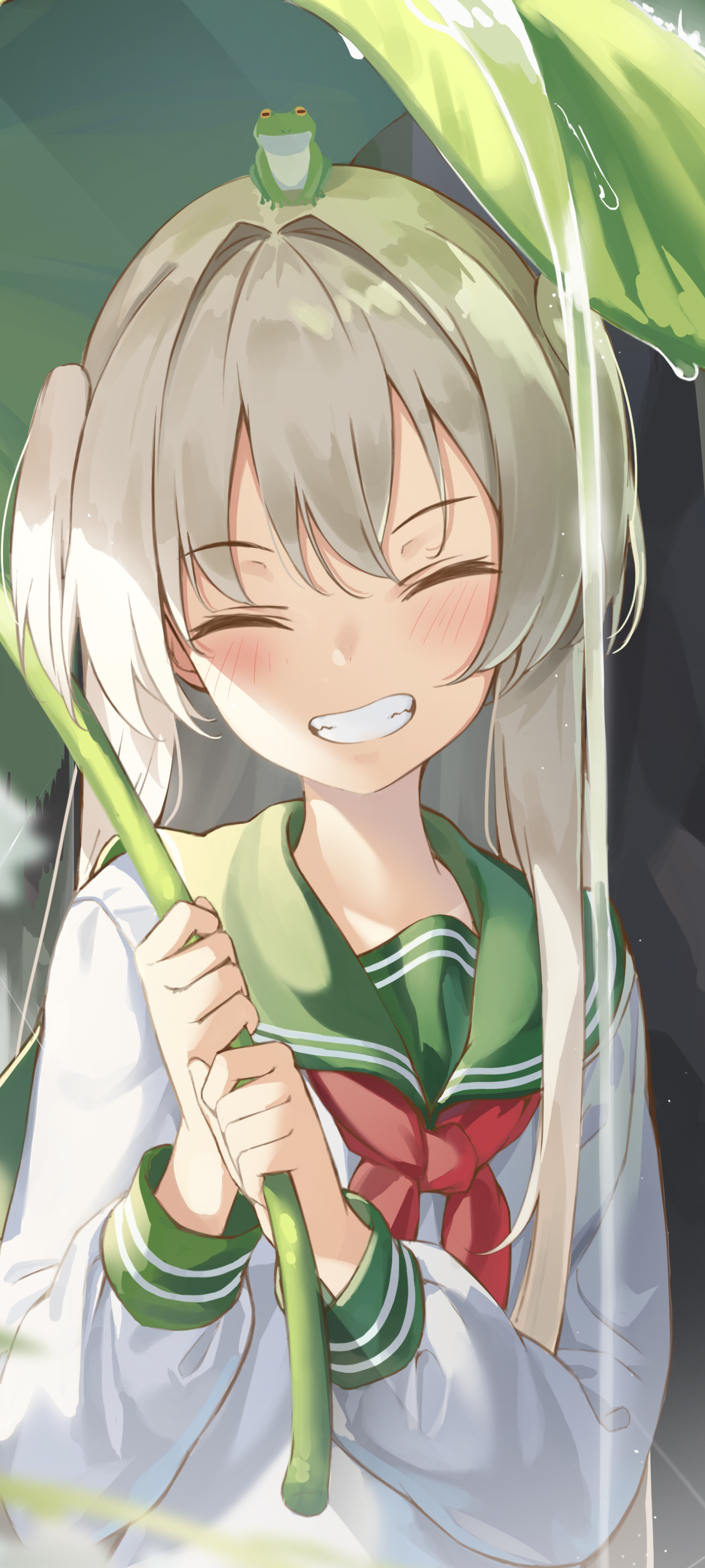 Phone wallpaper showing an anime girl in a green school uniform, smiling with eyes closed under a leaf umbrella, a tiny frog perched on her head.