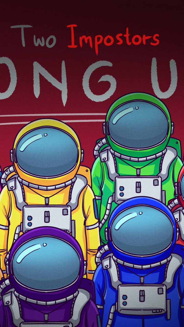 Phone wallpaper showing Among Us crewmates in yellow, green, purple and blue against a red background with the text Two Impostors.