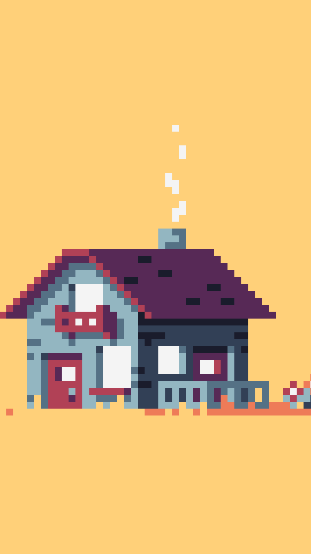 Artistic pixel art phone wallpaper showing a cozy house with a red roof, chimney smoke, and a warm yellow background.