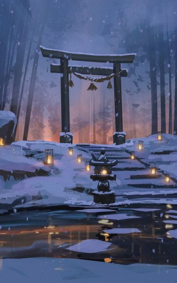  Japanese Shrine Lit Up by Laterns in a Cold, Snowy Night by Surendra Rajawat