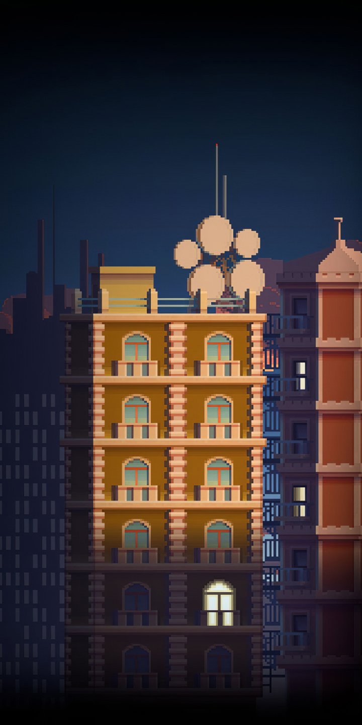 Artistic pixel-art phone wallpaper: a glowing multi-story city building with arched balconies and rooftop antennas set against a moody dark urban skyline.