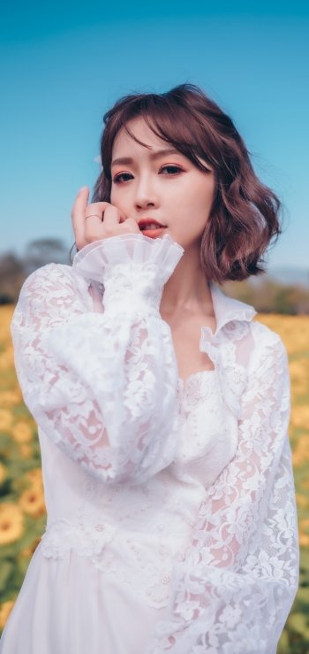 white dress short hair brunette model woman asian Phone Wallpaper
