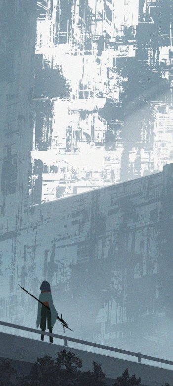 Original fantasy anime phone wallpaper — lone spear-wielding figure on a railing, small silhouette beneath a towering, abstract blue cityscape.