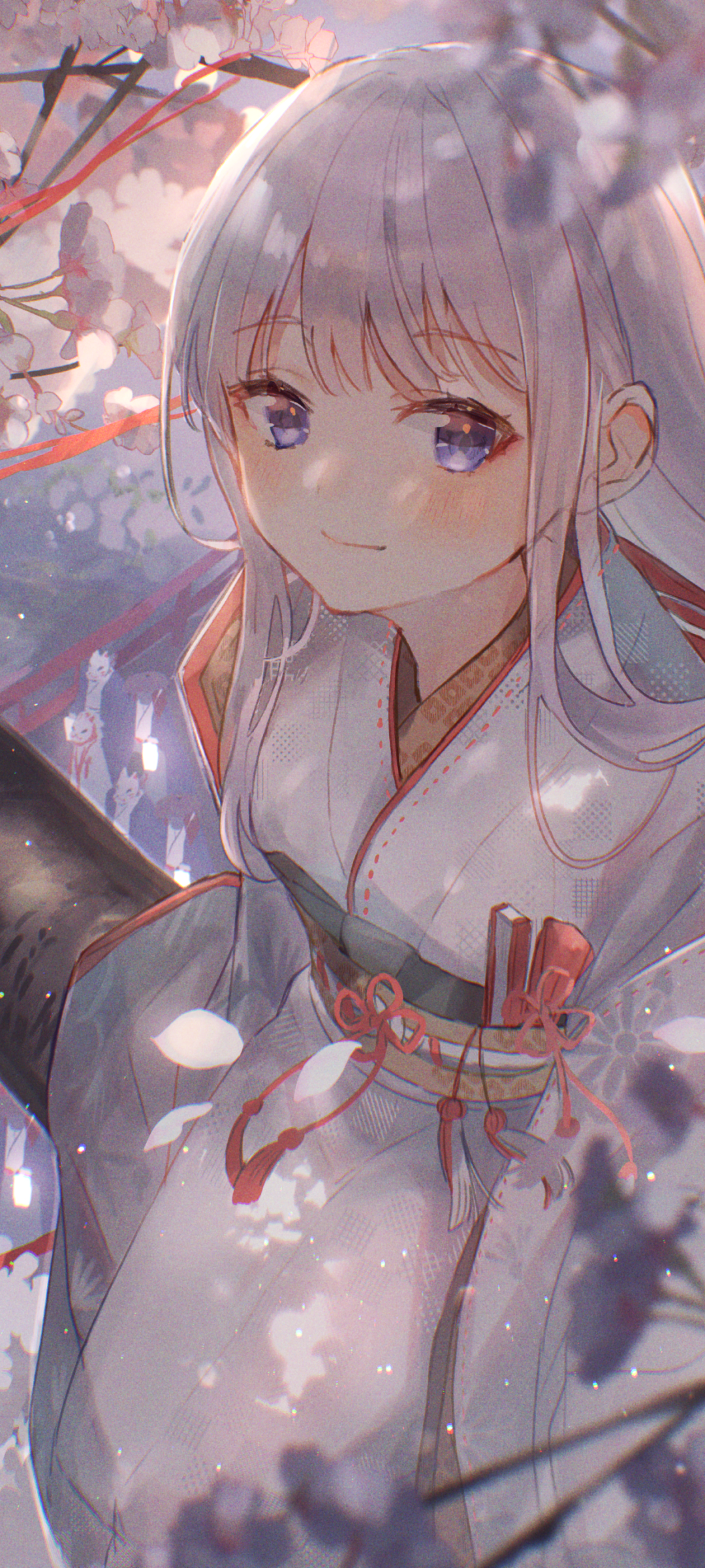 Anime-style girl with silver hair and purple eyes, dressed in traditional attire, surrounded by soft cherry blossoms, designed as a vertical phone wallpaper for iPhones and Android.
