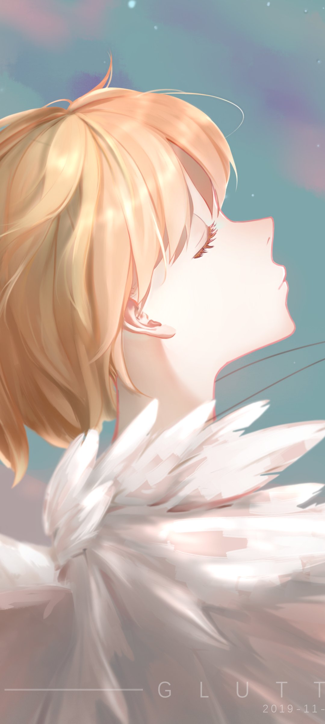 Phone wallpaper - original anime profile of a short-haired blond with eyes closed, feathered collar, and a soft pastel sky background.