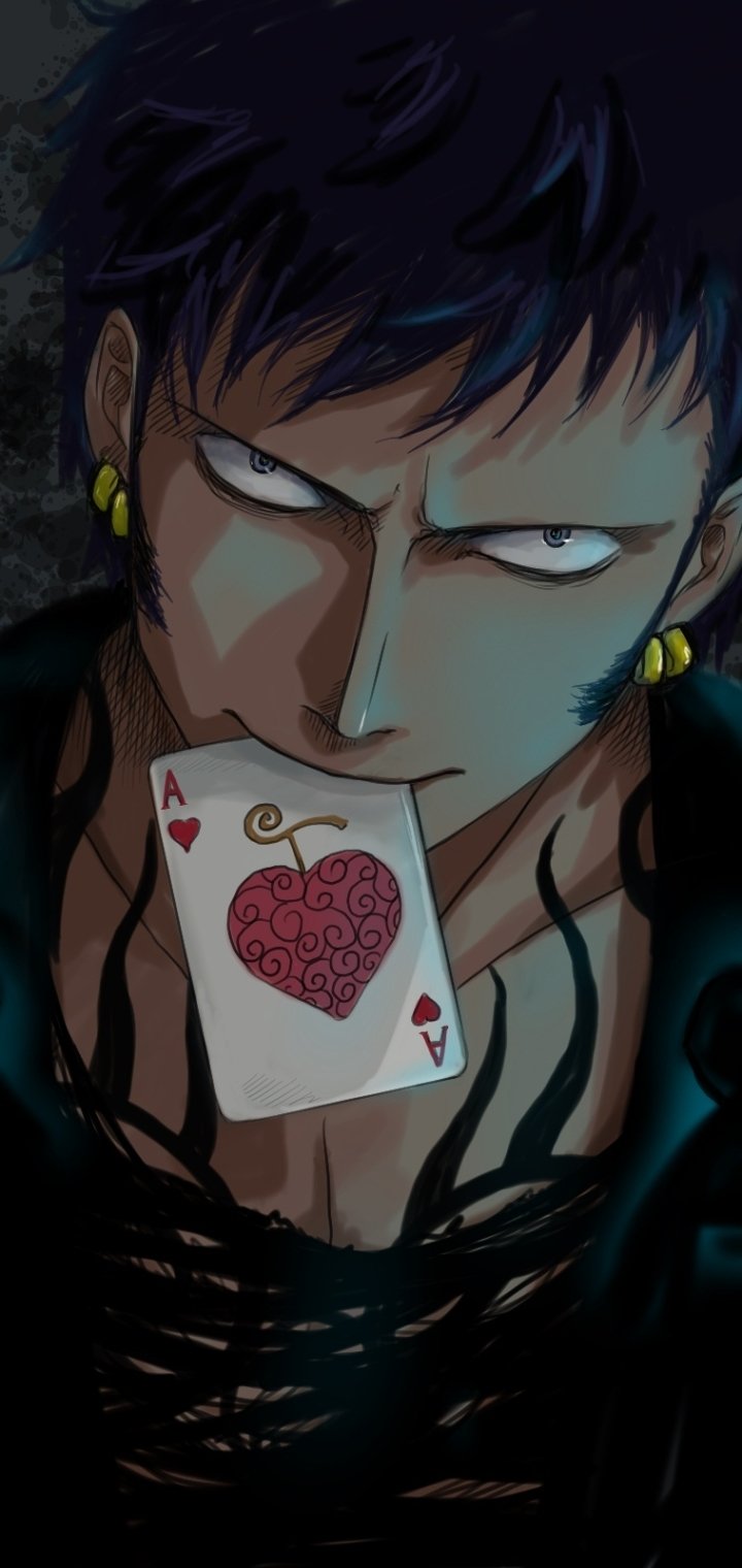 Phone wallpaper of Trafalgar Law from One Piece — intense close-up with an Ace of Hearts card clenched in his mouth, piercing eyes, gold earrings and dark moody lighting.