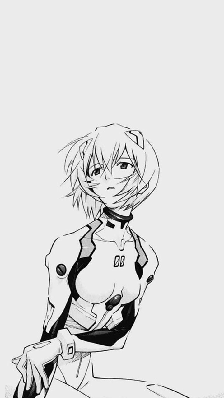 Monochrome anime phone wallpaper: Rei Ayanami from Neon Genesis Evangelion in her plugsuit, seated and gazing ahead.