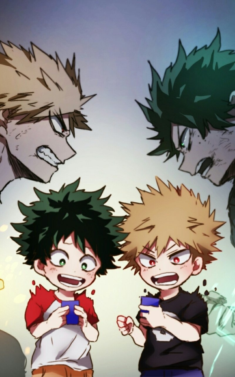 Anime phone wallpaper: Izuku Midoriya and Katsuki Bakugou from My Hero Academia — chibi kids playing handheld games below, older rival faces glaring above.
