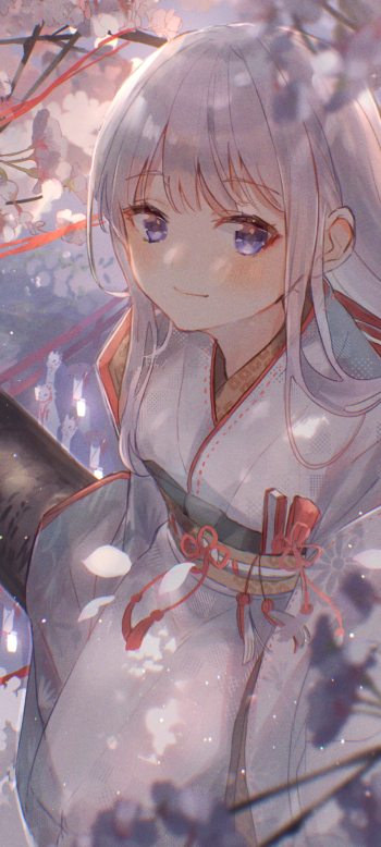 Anime-style girl with silver hair and purple eyes, dressed in traditional attire, surrounded by soft cherry blossoms, designed as a vertical phone wallpaper for iPhones and Android.