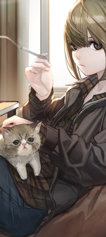 blonde smoking cat Anime girl anime girl anime cat Phone Wallpaper
