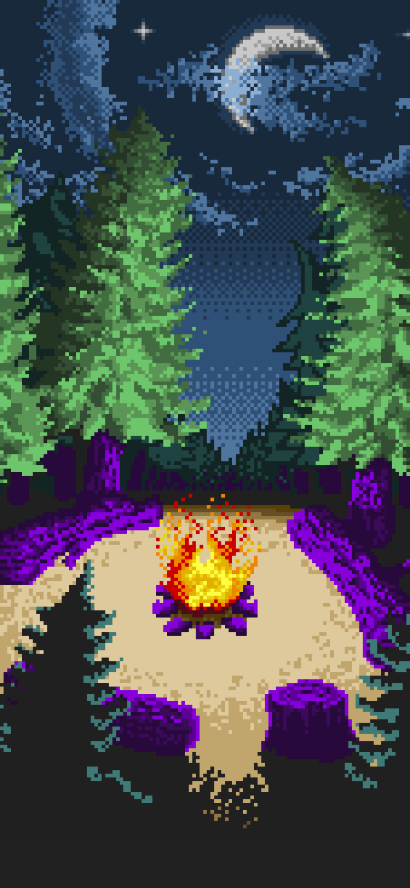 Artistic pixel art phone wallpaper showing a nighttime forest scene with tall trees and a glowing campfire beneath a crescent moon, designed for iPhone and Android screens.