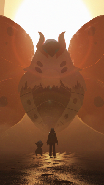 Anime-style phone wallpaper featuring Volcarona from Pokémon, glowing warmly behind two silhouetted figures, designed for iPhone and Android displays.