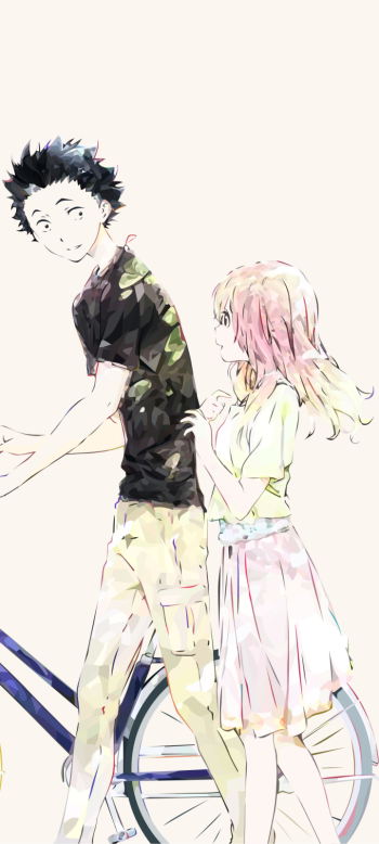 Phone wallpaper of Shouya Ishida and Shouko Nishimiya from A Silent Voice, watercolor-style illustration by a bicycle, Shouya smiling as Shouko shyly reaches out.
