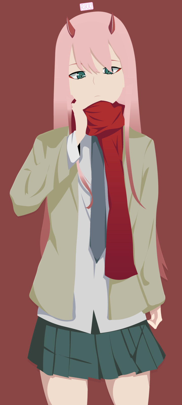Minimalist anime phone wallpaper of Zero Two (Darling in the FranXX): pink-haired girl with horns, school uniform and red scarf, neutral expression on a maroon background.