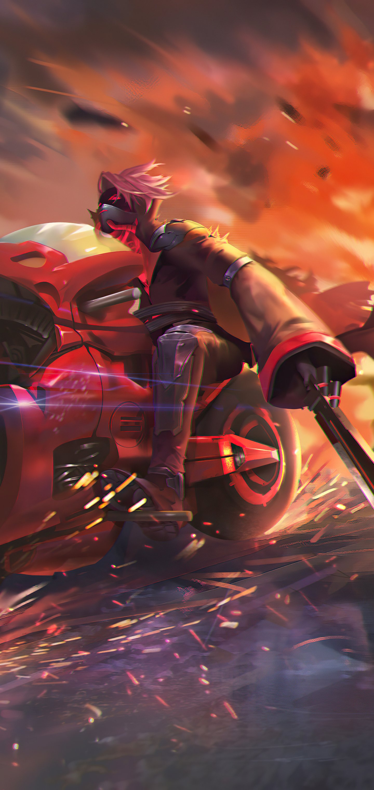Cyberpunk phone wallpaper: rider with pink hair on a futuristic red vehicle (motorbike) racing through a fiery sci-fi cityscape, sparks and drones streaking overhead.