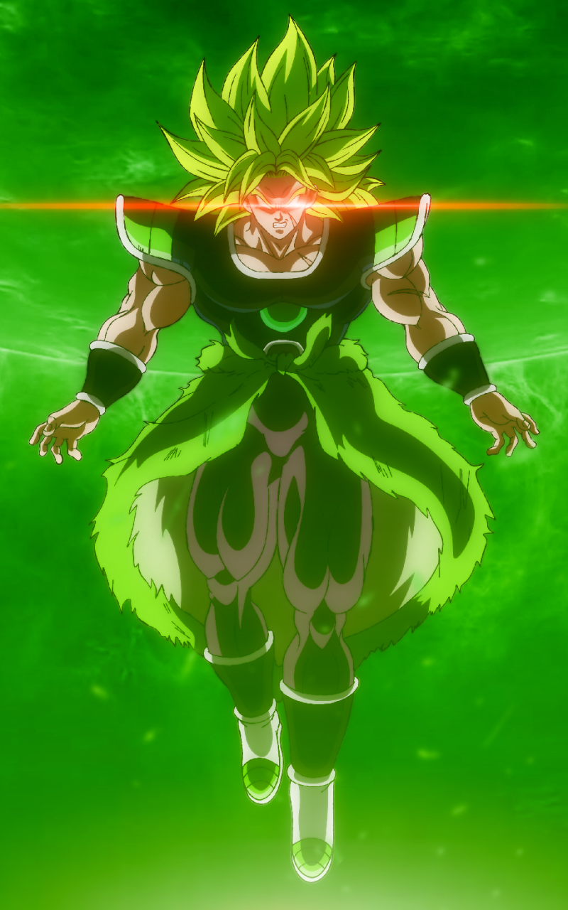 Phone wallpaper featuring Broly from Dragon Ball Super: Broly in anime style, with glowing green energy and intense expression, compatible with iPhones and Android devices.