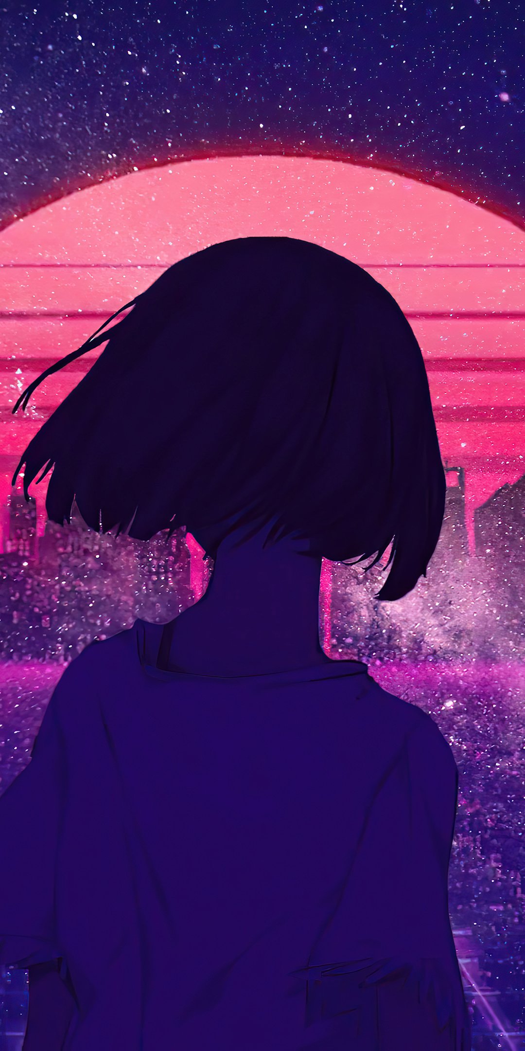 Vertical phone wallpaper of an anime girl silhouette facing a neon retrowave/synthwave sunset — pink lined sun, starry purple sky and distant city lights.
