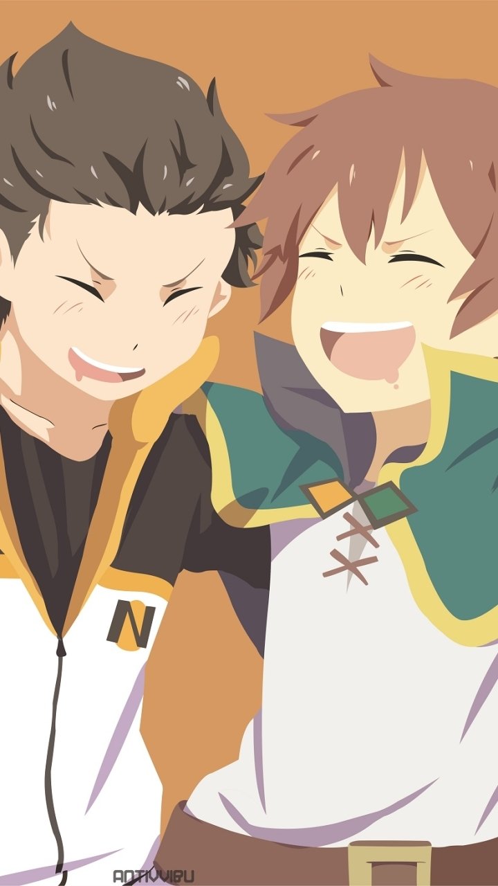 Phone wallpaper of Kazuma Satou (KonoSuba: God’s blessing on this wonderful world!!) and Subaru Natsuki (Re:Zero) laughing together in a bright crossover.