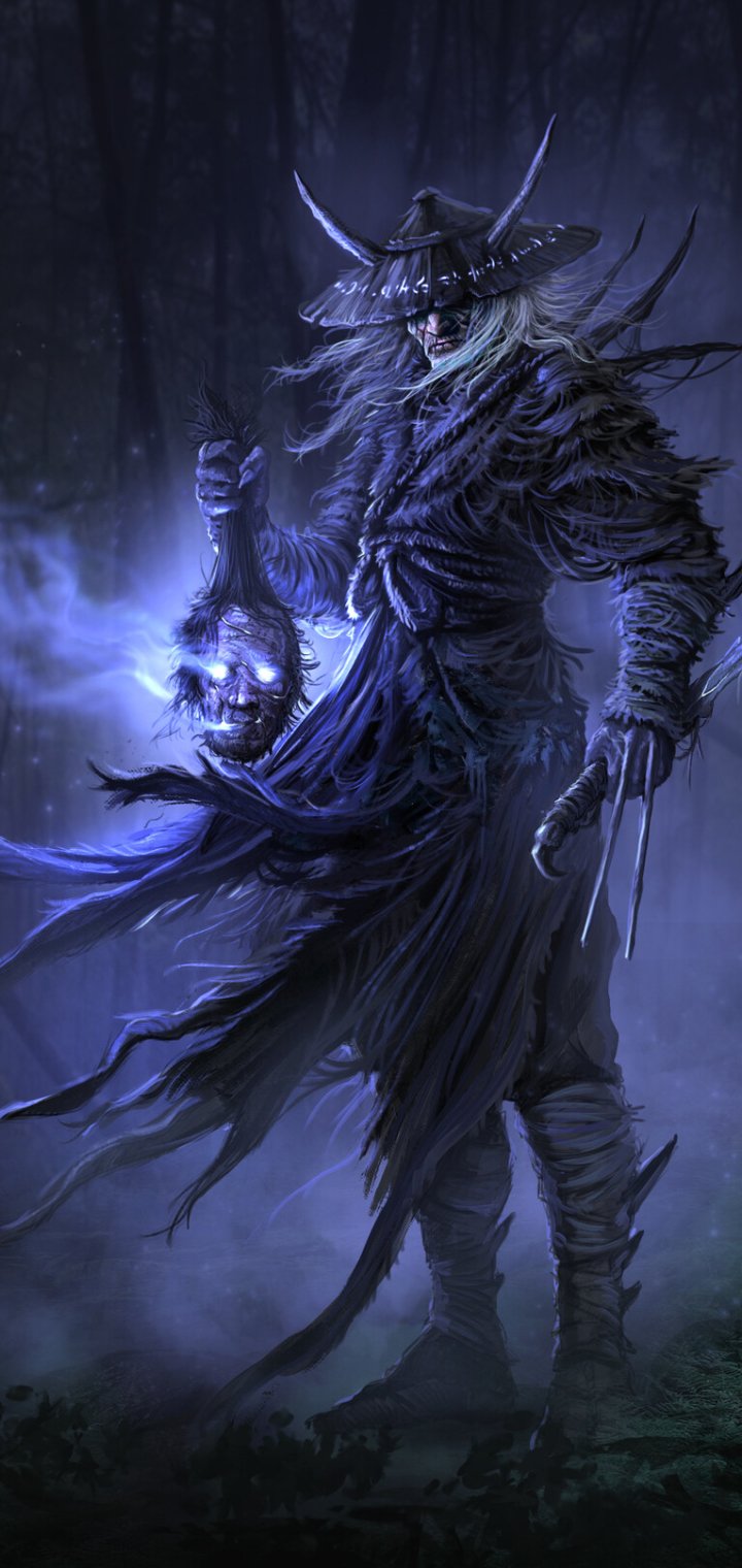 Dark Fantasy phone wallpaper: shadowy samurai warrior in tattered armor holds a glowing lantern and a curved sword, shrouded in a misty, haunted forest.