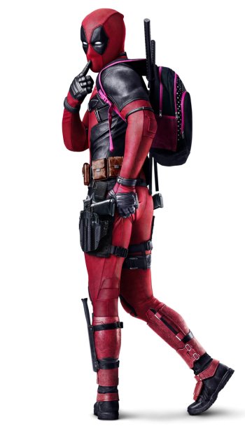 A vibrant phone wallpaper featuring Deadpool in his iconic red and black suit, standing with a playful pose and a backpack, exuding his signature mischievous charm.