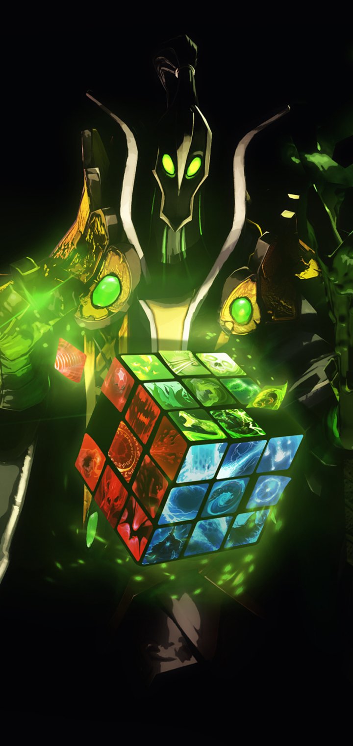 Dark phone wallpaper of a glowing green DotA 2 hero cradling a luminous, rune-etched Rubik's Cube against a shadowy background.