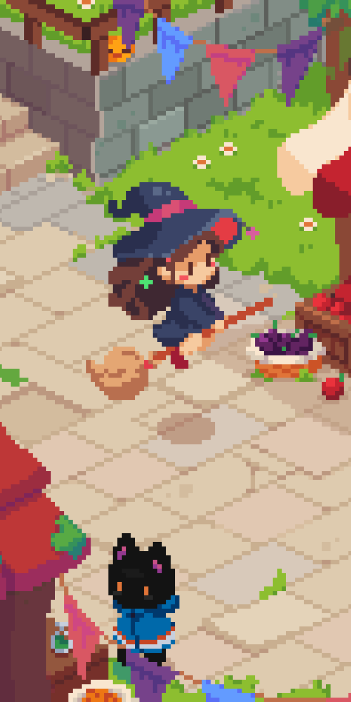 Artistic pixel art phone wallpaper featuring a witch flying on a broomstick over a charming village street, designed for both iPhone and Android displays.