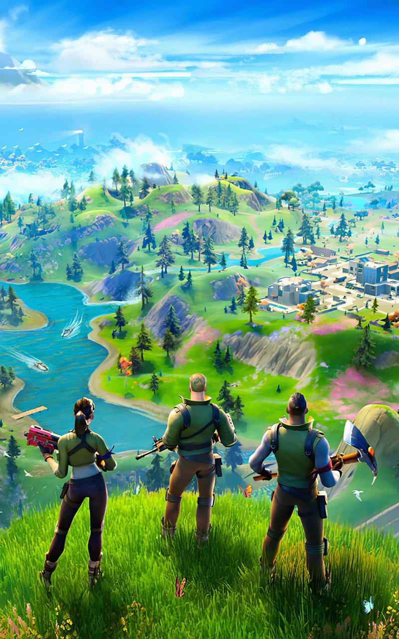 Fortnite video game phone wallpaper: three avatars stand on a grassy hill overlooking a vibrant island map with rivers, towns, and a bright blue sky.
