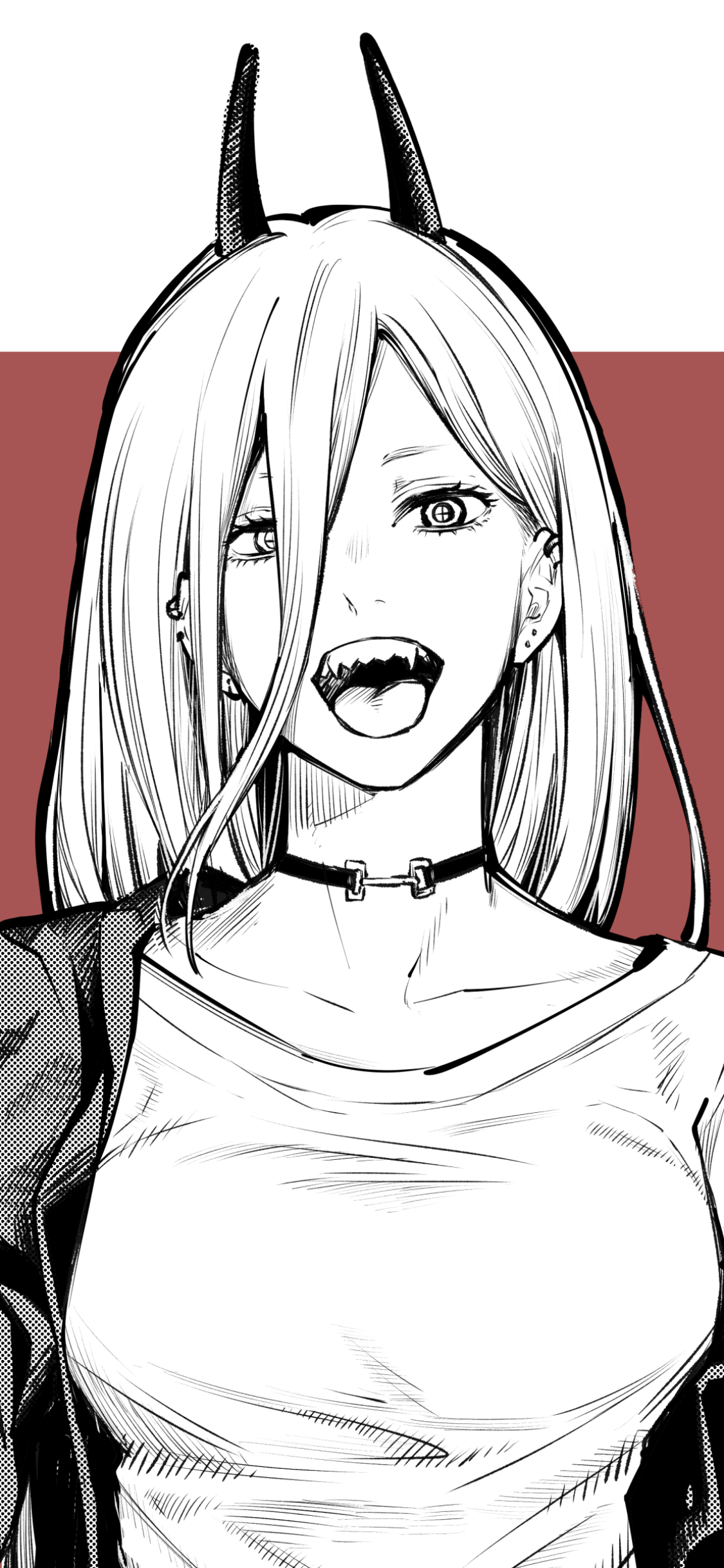 Phone wallpaper of Power (Chainsaw Man): anime manga-style black-and-white close-up with horns, sharp fangs, choker and long hair, grinning against a muted red background.