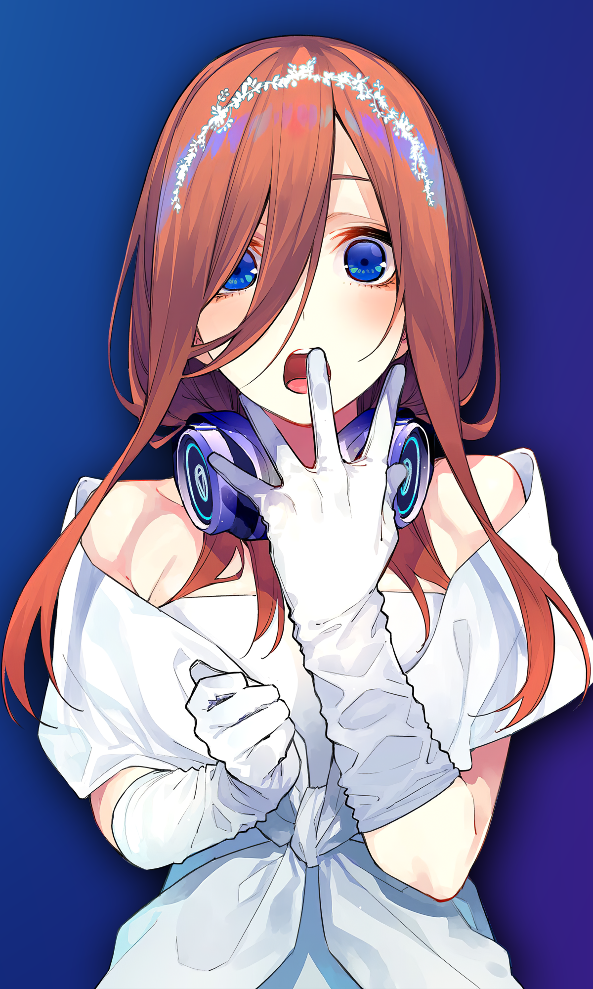 Phone wallpaper of Miku Nakano from The Quintessential Quintuplets, red-haired anime girl with blue headphones, white gloves, holding a finger to her lips on deep blue background.