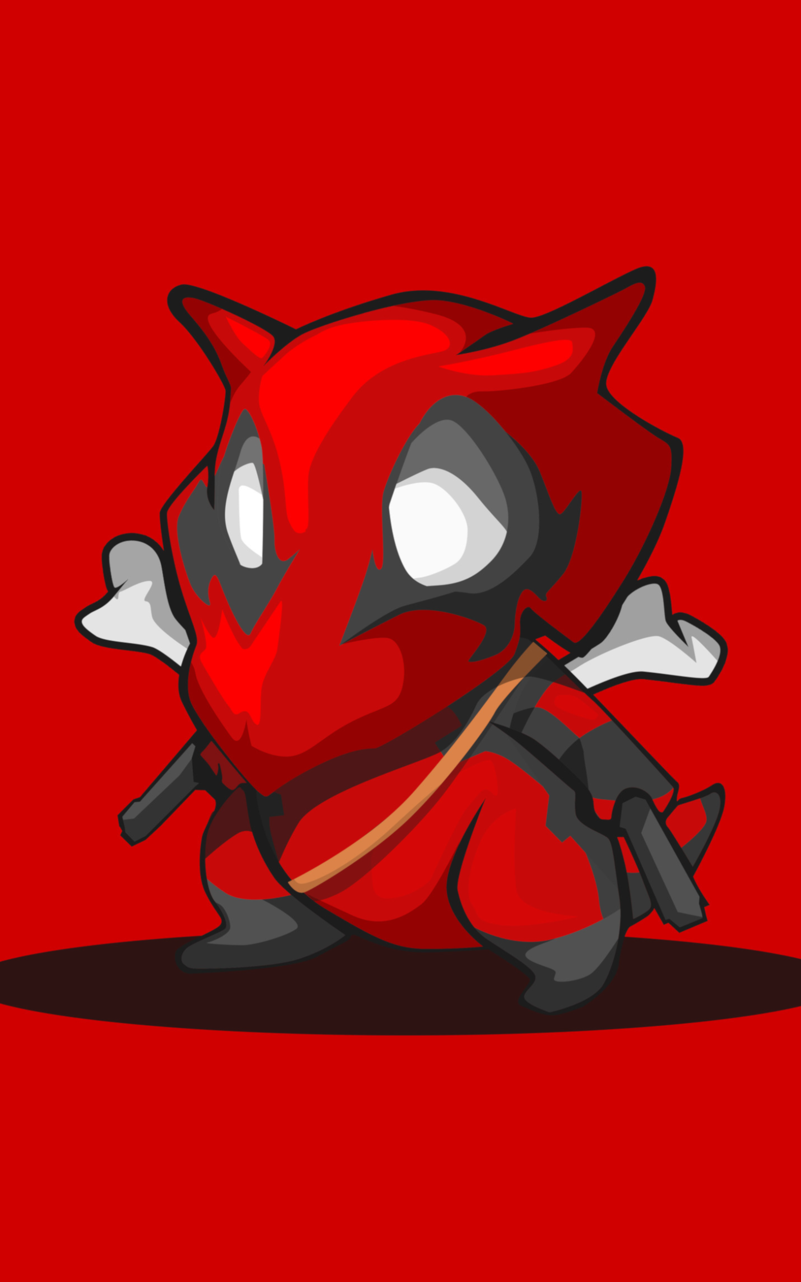 Chibi Cubone reimagined as Deadpool: anime-style Pokémon in a red mask with crossed bones and twin pistols on a bold red phone wallpaper.