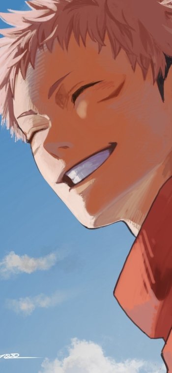Phone wallpaper close-up of Yuji Itadori from the anime Jujutsu Kaisen, smiling warmly against a bright blue sky.