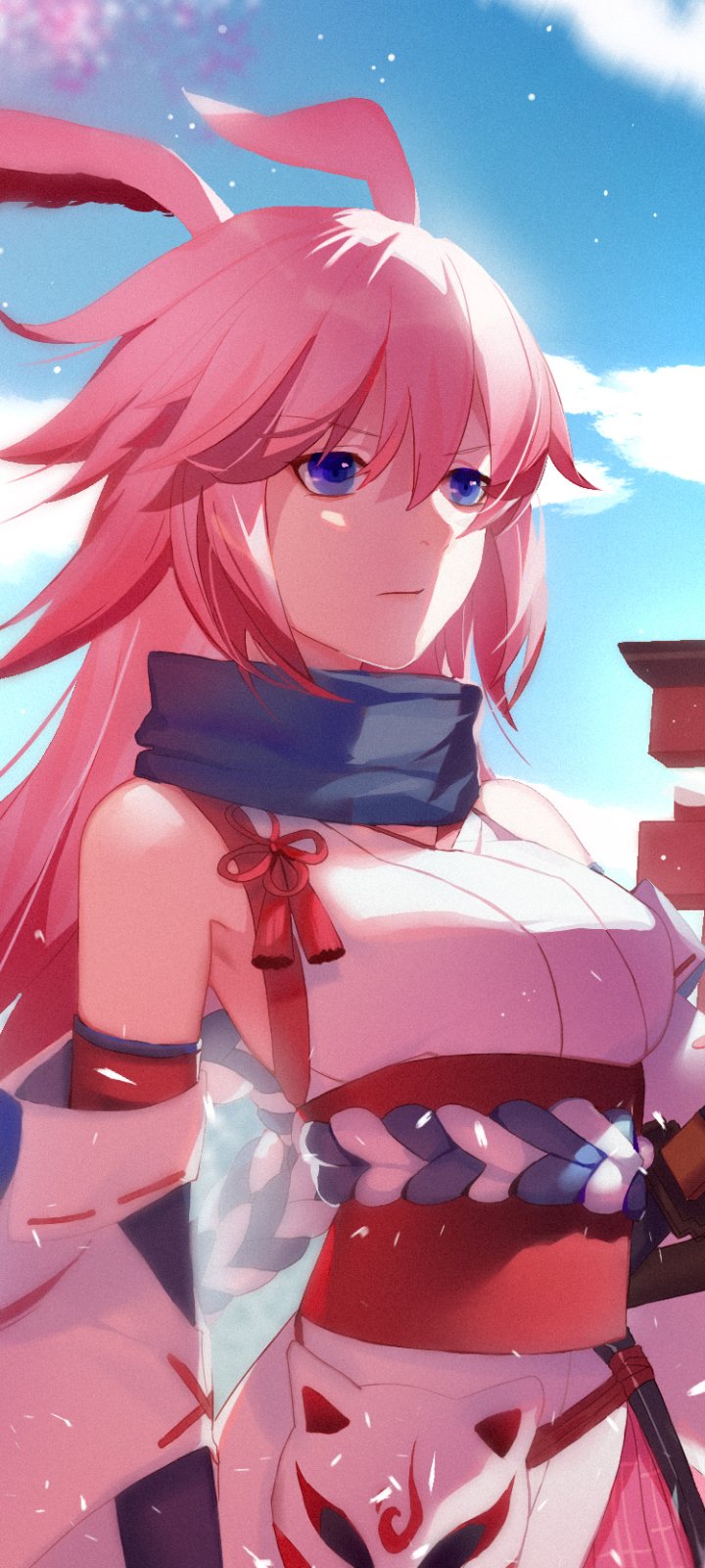Yae Sakura (Benghuai Xueyuan) anime phone wallpaper — close-up portrait with flowing pink hair, blue eyes, a blue scarf and ornate white-pink outfit set against a bright sky.